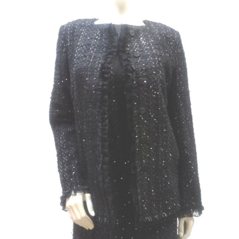 Black Shimmer Tweed Suit Shift Dress Blazer Set Chiffon Ruffle Trim Size 6 Small
